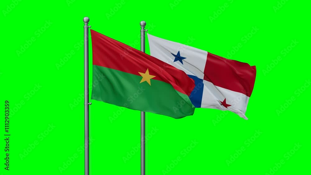 Panama and Burkina Faso flags flying together, video concept of the relationship with colored chroma key for easy background remove Panama and Burkina Faso flags flying together, video concept of the relationship with colored chroma key for easy background remove