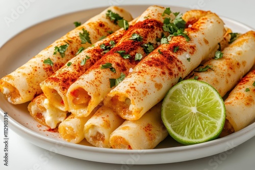 A modern plating of esquites and elote served together, garnished with lime and chili powder, captured under crisp white studio lighting for a gourmet promotional style