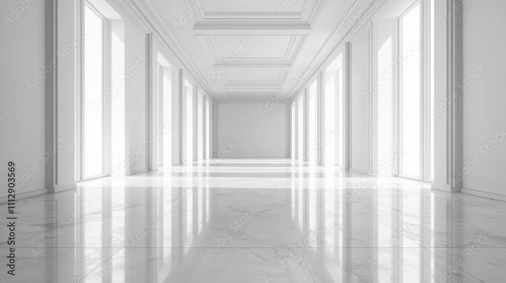 Obraz premium A spacious, minimalist hallway with large windows and polished marble flooring.