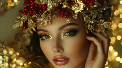Woman with holiday beauty makeup wearing festive decoration and glossy skin tones
