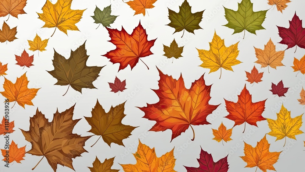 An assortment of falling, isolated maple leaves with a variety of fall colors on a clear or white background An assortment of falling, isolated maple leaves with a variety of fall colors on a clear or white background