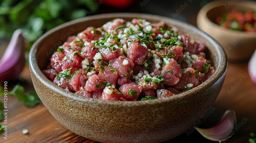 A bowl of diced raw meat garnished with herbs and spices, ready for preparation. A bowl of diced raw meat garnished with herbs and spices, ready for preparation.