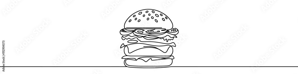 One continuous line illustration of a hamburger, isolated on white background. Line art of hamburger One continuous line illustration of a hamburger, isolated on white background. Line art of hamburger