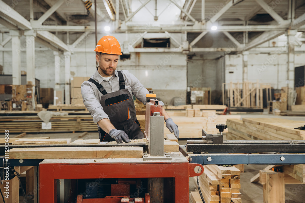 Fototapeta premium Carpenter cutting wooden plank using saw in workshop for modular building