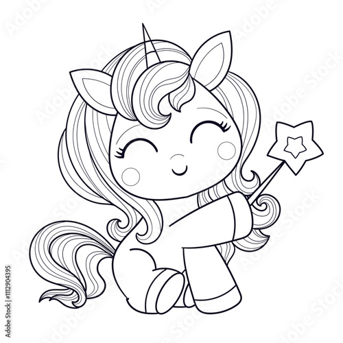 Cute cartoon unicorn holding a magic wand. Black and white line drawing. For coloring book design for kids, print, game, education, party, design, decor, cards, stickers. Vector illustration.