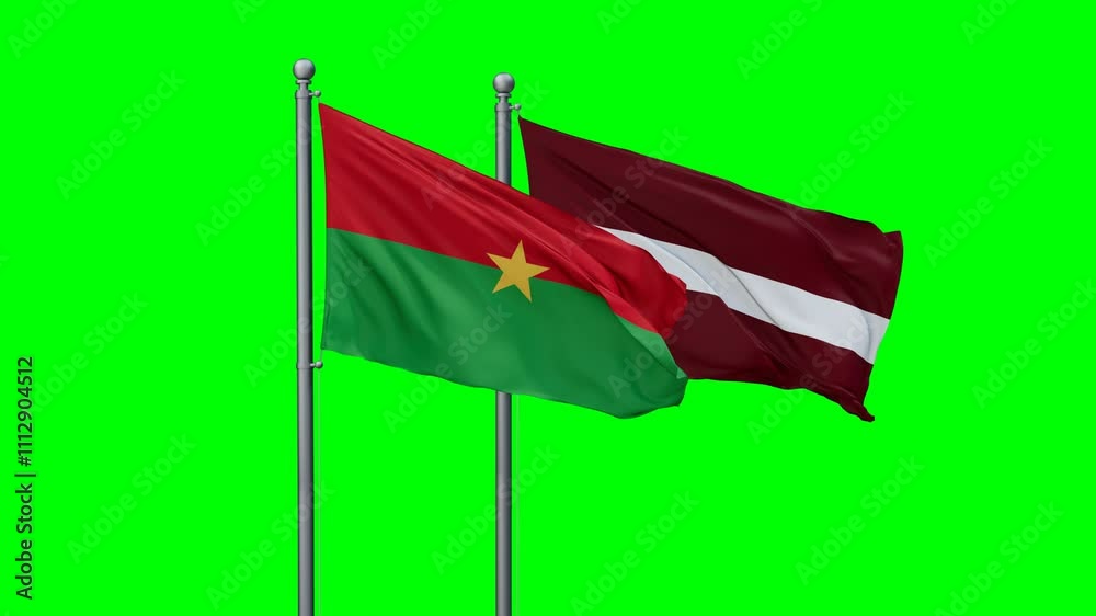 Latvia and Burkina Faso flags flying together, video concept of the relationship with colored chroma key for easy background remove, two country cooperation concept Latvia and Burkina Faso flags flying together, video concept of the relationship with colored chroma key for easy background remove, two country cooperation concept