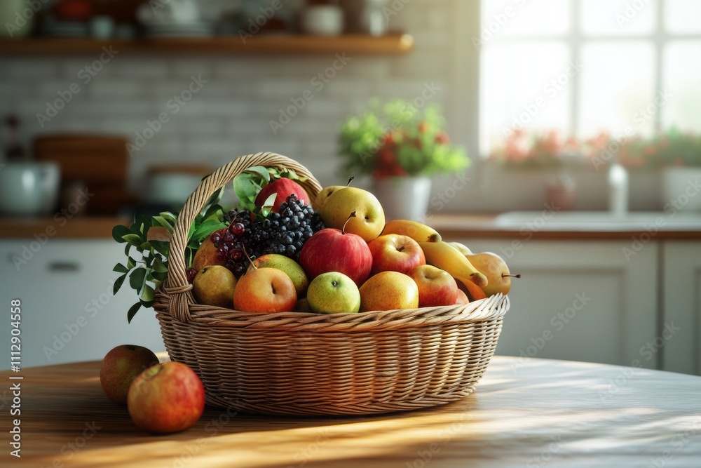 Colorful fruit basket overflowing with fresh apples, pears, and grapes on a wooden kitchen table in a sunlit home Colorful fruit basket overflowing with fresh apples, pears, and grapes on a wooden kitchen table in a sunlit home