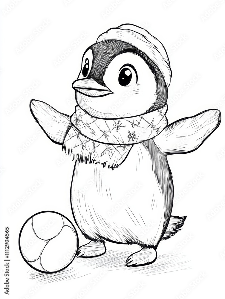 A Cheerful Penguin Playing with a Ball in Winter Gear A Cheerful Penguin Playing with a Ball in Winter Gear
