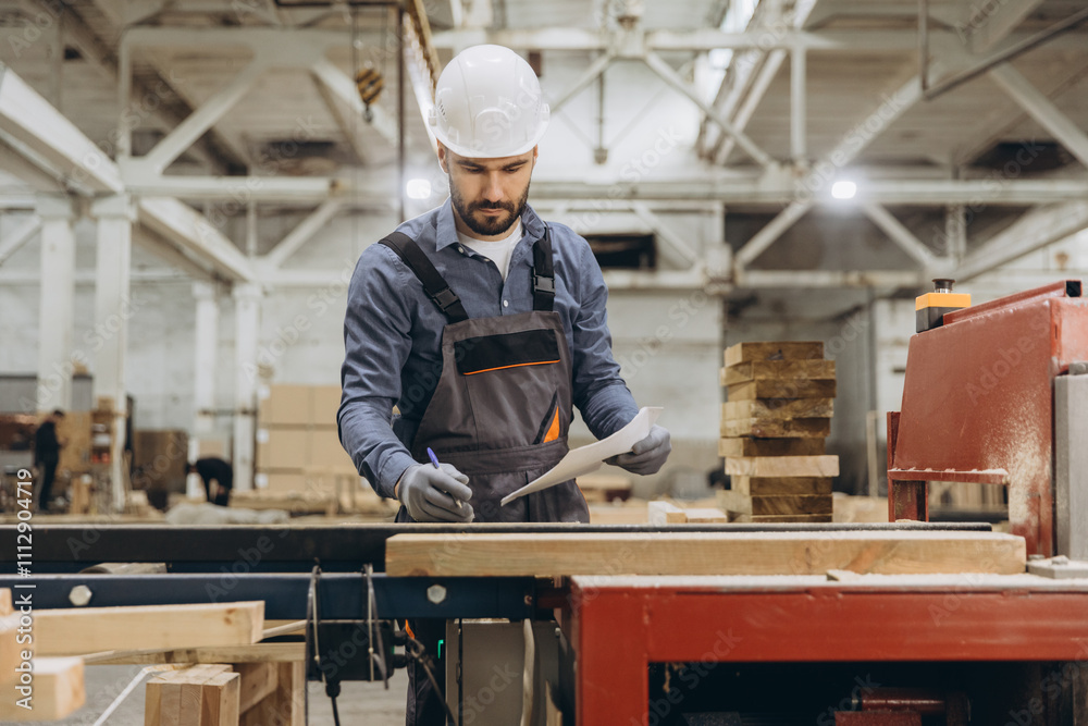 Carpenter taking notes and inspecting wooden plank in workshop Carpenter taking notes and inspecting wooden plank in workshop