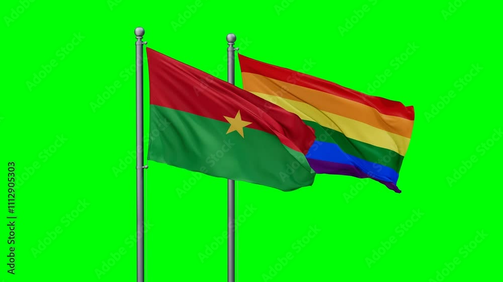 LGBT movement flag also Gay Pride and Burkina Faso two flags waving cycle looped video, tolerance conception in country