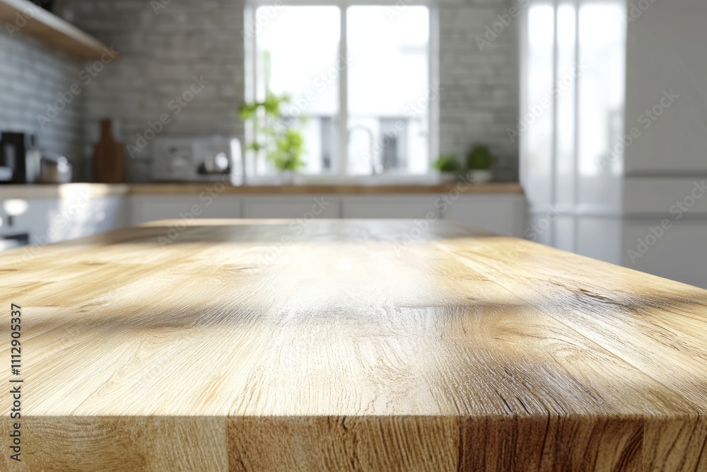 Sunlit wooden countertop with modern kitchen backdrop emphasizing warmth and inviting atmosphere for culinary creativity Sunlit wooden countertop with modern kitchen backdrop emphasizing warmth and inviting atmosphere for culinary creativity