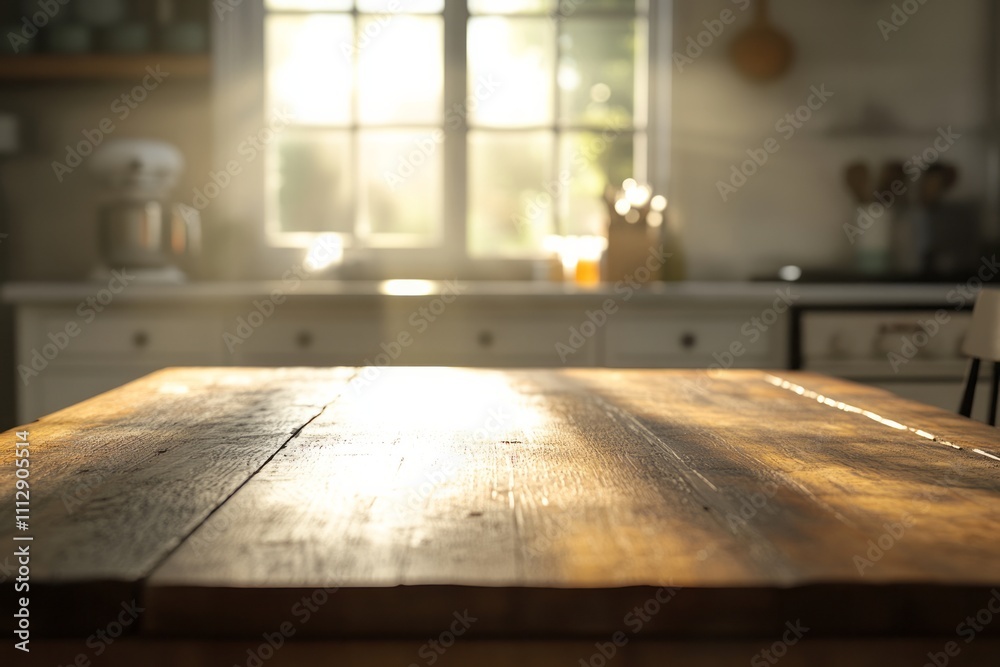 Fototapeta premium Warm sunlight illuminates a rustic wooden kitchen table in a cozy home, inviting warmth and serenity for memorable gatherings and culinary creativity