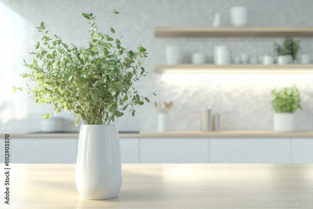 Fresh greenery in a modern kitchen, sunlight streaming through windows and illuminating a charming arrangement of herbs in a sleek vase Fresh greenery in a modern kitchen, sunlight streaming through windows and illuminating a charming arrangement of herbs in a sleek vase