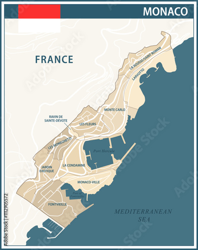 Monaco Map Vector Vintage Dark Blue Beige - Customizable layered political map of Monaco with administrative divisions for website, education, reports, news, politics, print, poster and wallpaper
