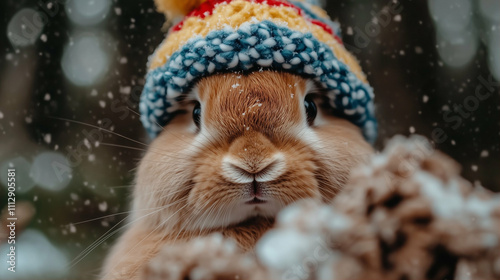 Rabbit wearing a colorful hat in falling snow cute fluffy bunny portrait in winter setting