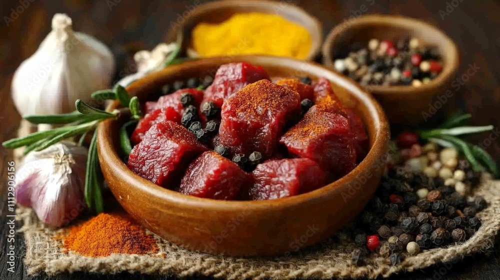 A bowl of marinated beef cubes surrounded by spices and garlic, ready for cooking. A bowl of marinated beef cubes surrounded by spices and garlic, ready for cooking.