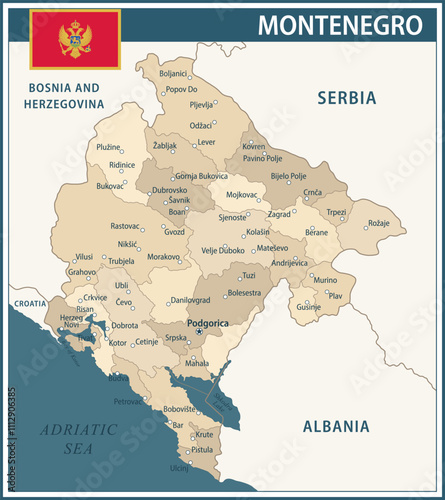 Montenegro Map Vector Vintage Dark Blue Beige - Customizable layered political map of Montenegro with administrative divisions for website, education, reports, news, politics, print, poster