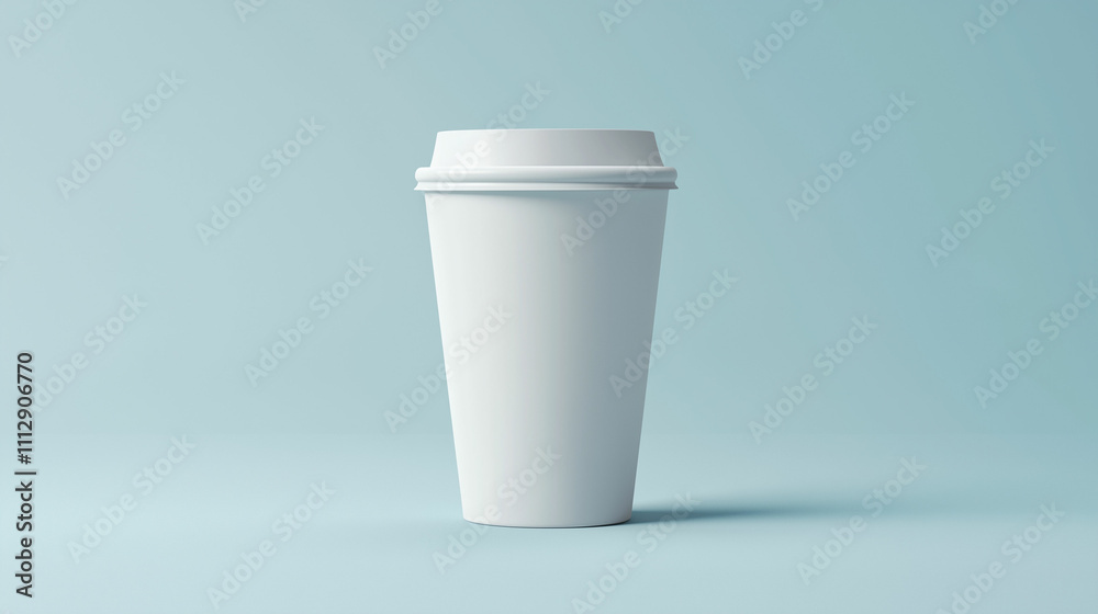 A plain white coffee cup standing against a pastel blue background in a minimalist setting A plain white coffee cup standing against a pastel blue background in a minimalist setting