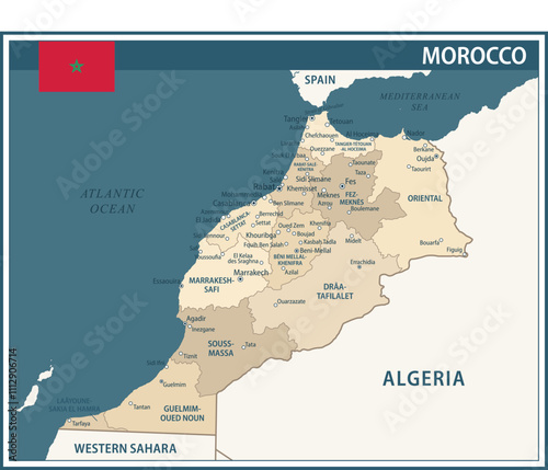Morocco Map Vector Vintage Dark Blue Beige - Customizable layered political map of Morocco with administrative divisions for website, education, reports, news, politics, print, poster and wallpaper
