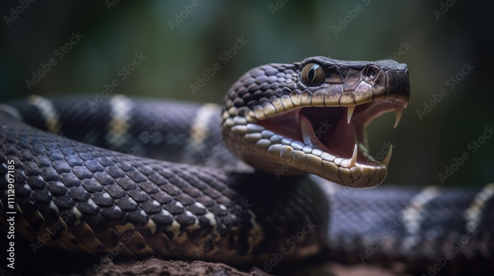 Venomous Serpent: Close-Up of a Striking Black Snake with Open Jaws Venomous Serpent: Close-Up of a Striking Black Snake with Open Jaws