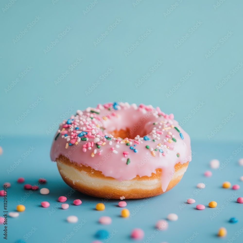 baked donut with pink frosting and colorful sprinkles isolated baked donut with pink frosting and colorful sprinkles isolated