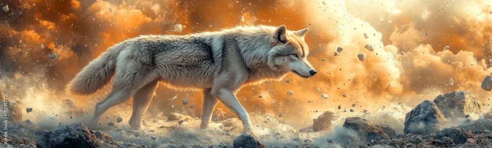 Obraz premium Wolf walking through a rocky area with rocks