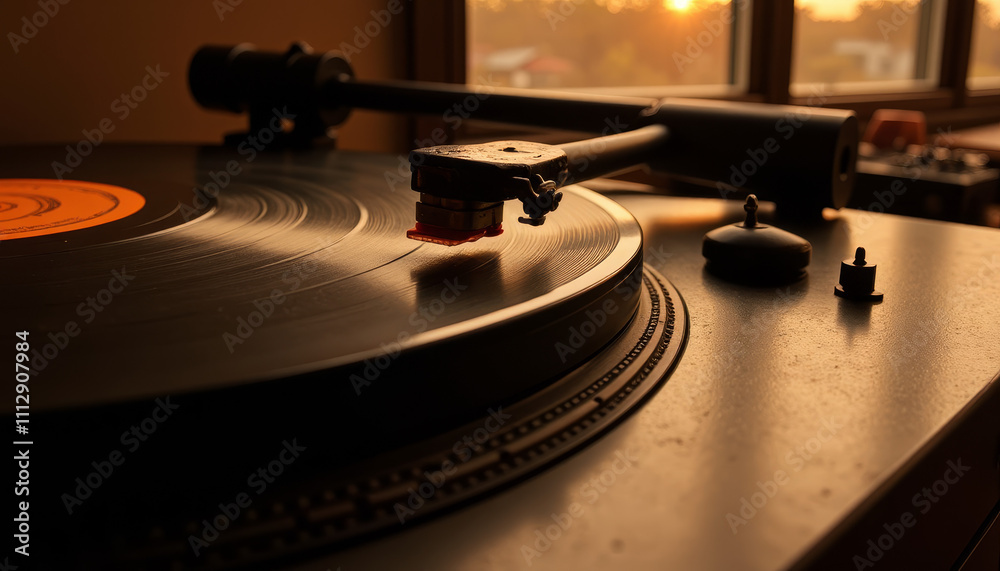 Obraz premium Melodic whispers of vinyl spinning at sunset creating a serene atmosphere in a cozy room