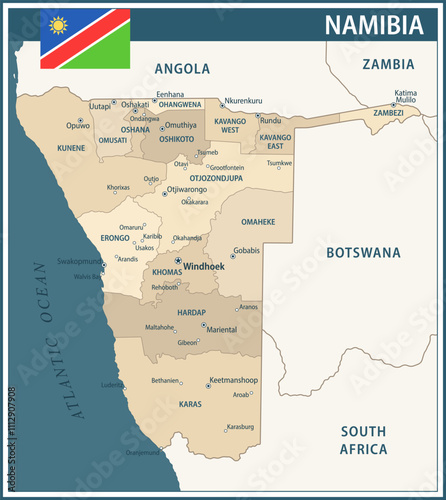 Namibia Map Vector Vintage Dark Blue Beige - Customizable layered political map of Namibia with administrative divisions for website, education, reports, news, politics, print, poster and wallpaper