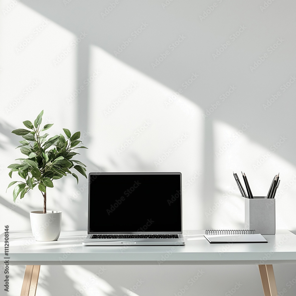 Fototapeta premium Minimalist desk setup featuring laptop, notepad, and decorative plant in bright workspace