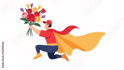 A superhero in a deliveryman's cap flying through the air on a clean white background with bouquet of flowers in his hand. Flowers delivery concept photo