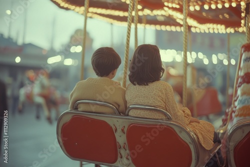 Two children sitting on a carousel ride at a carnival