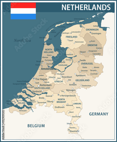 Netherlands Map Vector Vintage Dark Blue Beige - Customizable layered political map of Netherlands with administrative divisions for website, education, reports, news, politics, print, poster