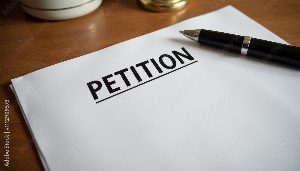 Petition document on a wooden desk with a pen, symbolizing civic engagement and social change efforts Petition document on a wooden desk with a pen, symbolizing civic engagement and social change efforts