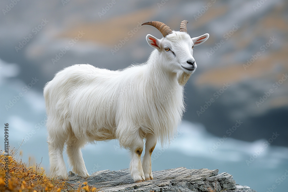 Obraz premium Majestic White Goat Stands On Rocky Outcrop