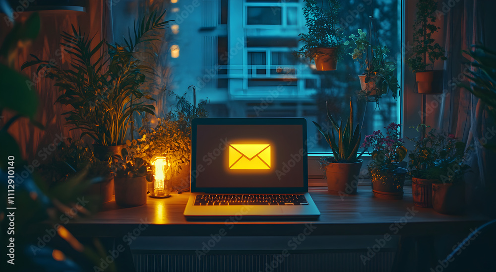 Home Office with Illuminated Email Icon on Laptop Screen, AI GENERATIVE Home Office with Illuminated Email Icon on Laptop Screen, AI GENERATIVE