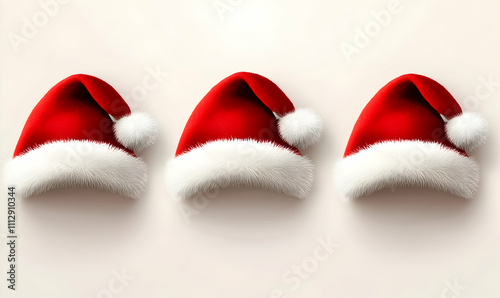 Three classic Santa hats in a row, against a soft, light background. Perfect for Christmas cards, festive websites, or holiday branding. photo