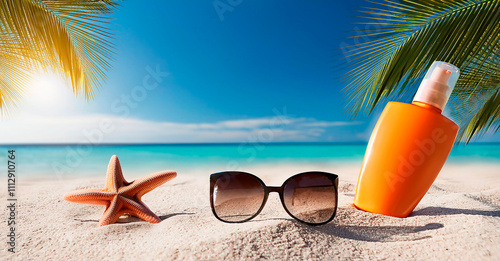 concepto de playa con lentes de sol y botella de protector solar naranja photo