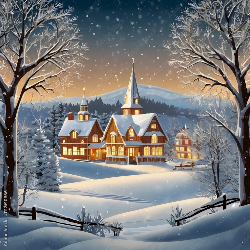 Elegant Christmas Card Design with Snowy Trees, Sparkling Lights, and Village Elegant Christmas Card Design with Snowy Trees, Sparkling Lights, and Village