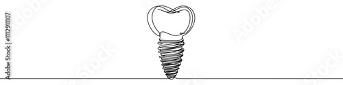One continuous line illustration of dental implant, isolated on white background. Line art of dental implant