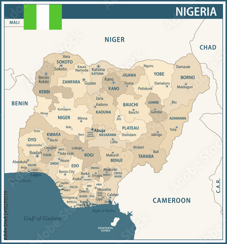 Nigeria Map Vector Vintage Dark Blue Beige - Customizable layered political map of Nigeria with administrative divisions for website, education, reports, news, politics, print, poster and wallpaper