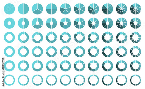 Pie charts icons collection different style. Circular infographic elements and pie charts vector icons set in blue color. Rotation arrows in circular motion. Vector illustration.