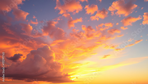 Panoramic beautiful colorful golden hour twilight sky. Beautiful cloud and sky nature background in magic hour. Amazing colorful sky and dramatic sunset evening sky isolated with white highlights, p