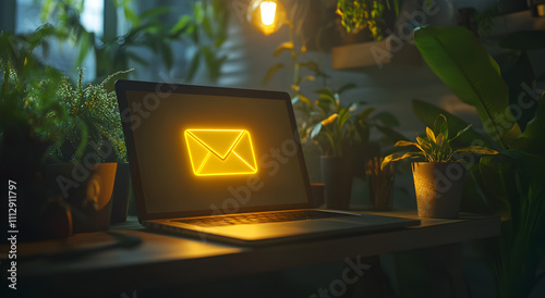 Home Office with Illuminated Email Icon on Laptop Screen, AI GENERATIVE 