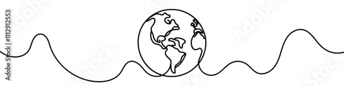 One continuous line illustration of planet Earth, isolated on white background. Line art of planet Earth