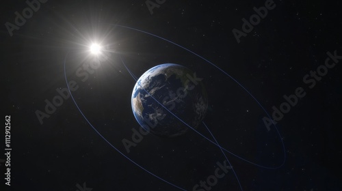 Earth axis diagram illustration showing the tilt of the Earth's rotational axis relative to its orbital plane, explaining the cause of seasonal changes and the distribution of sunlight.