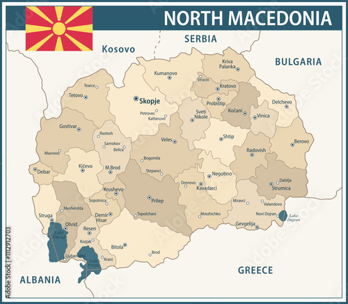 North Macedonia Map Vector Vintage Dark Blue Beige - Customizable layered political map of North Macedonia with administrative divisions for website, education, reports, news, politics, print, poster