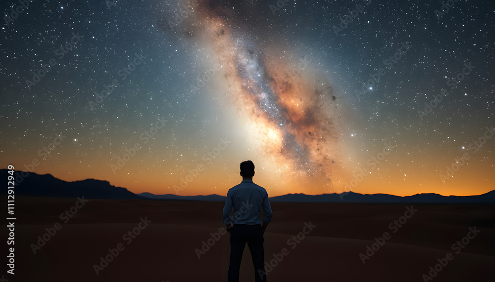 Man looking at the Milky Way in the desert with his back to the camera isolated with white highlights, png Man looking at the Milky Way in the desert with his back to the camera isolated with white highlights, png