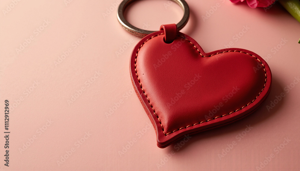 Classic red leather heart-shaped keychain on pink background Classic red leather heart-shaped keychain on pink background