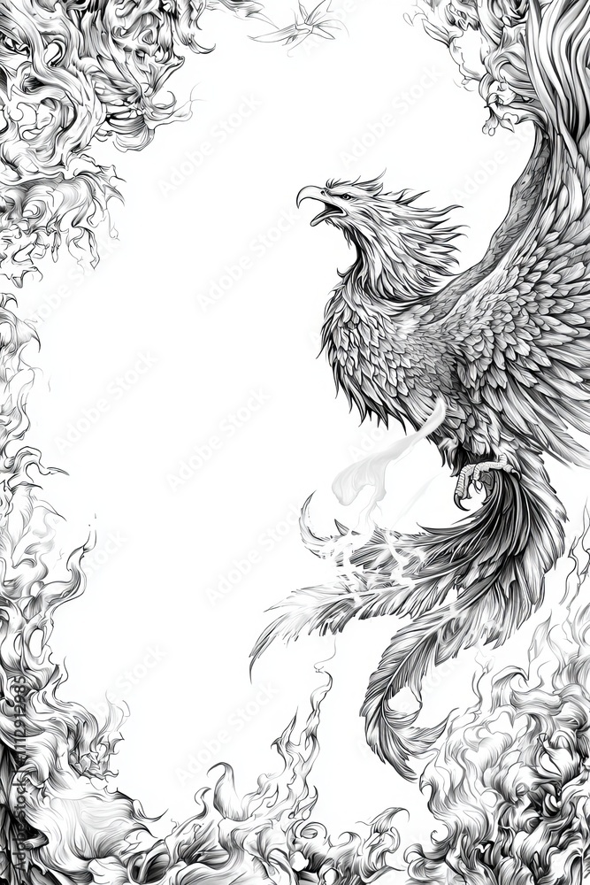 Obraz premium A fierce black and white illustration of a phoenix rising from the flames, showcasing intricate details and dynamic movement.