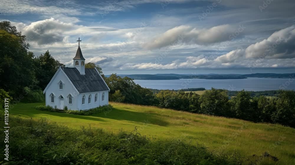 White church on green hill. Rural countryside chapel in minimalist landscape. Traditional religious architecture. Worship and meditation White church on green hill. Rural countryside chapel in minimalist landscape. Traditional religious architecture. Worship and meditation
